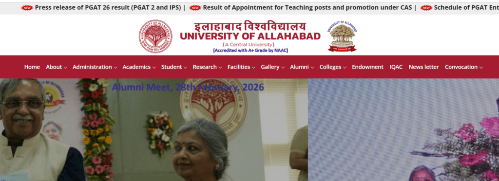 Allahabad University homepage showing PGAT Result 2026 notice