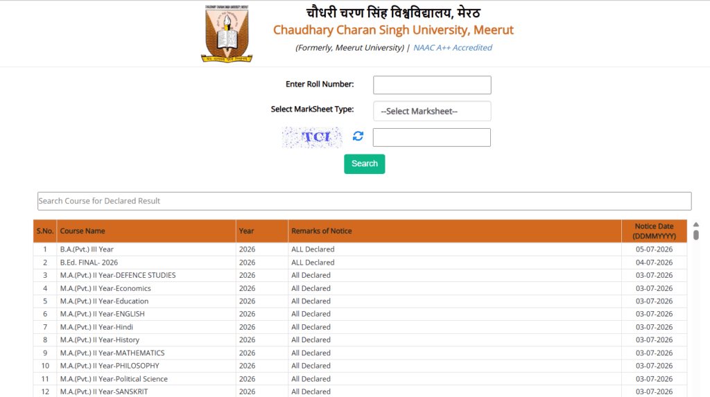 CCS University Result Portal Home Page