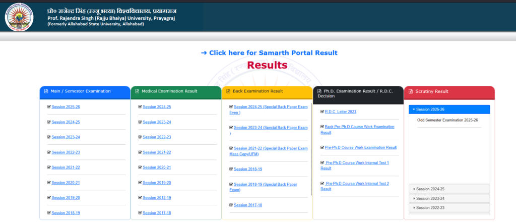 PRSU Result Dashboard Home Page