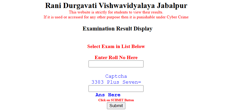 RDVV Result Portal Homepage Screenshot]