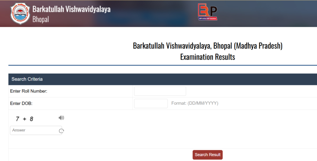BU Bhopal Result Portal Homepage