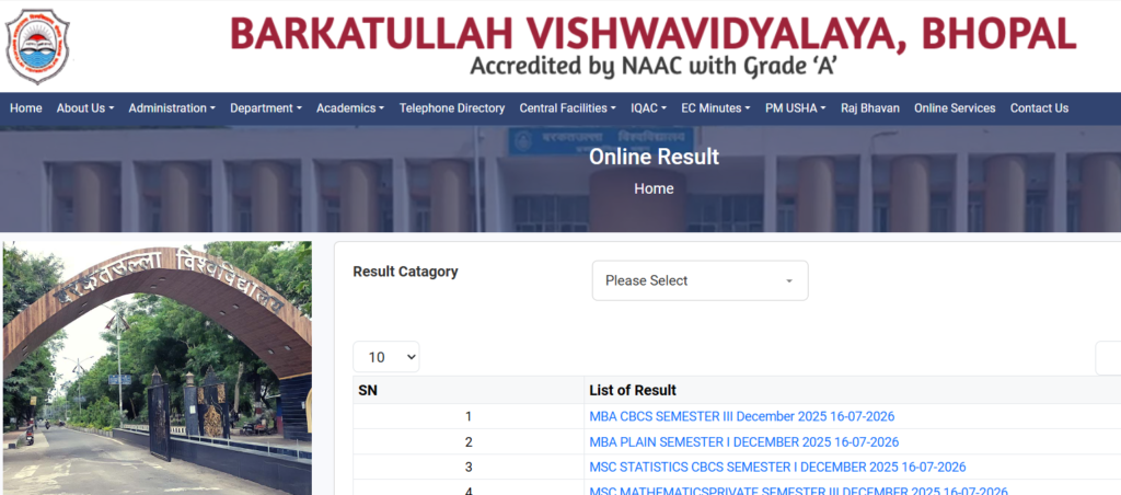 BU Bhopal Official Website – Online Result Section