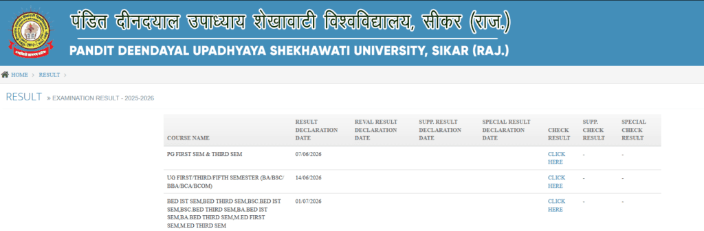result26.shekhauniexam.in homepage with latest result links