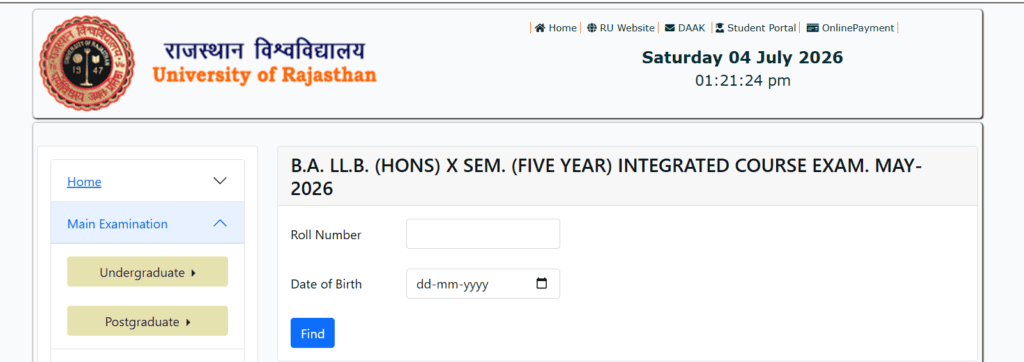 Rajasthan University Result 2026 Roll Number Entry Page