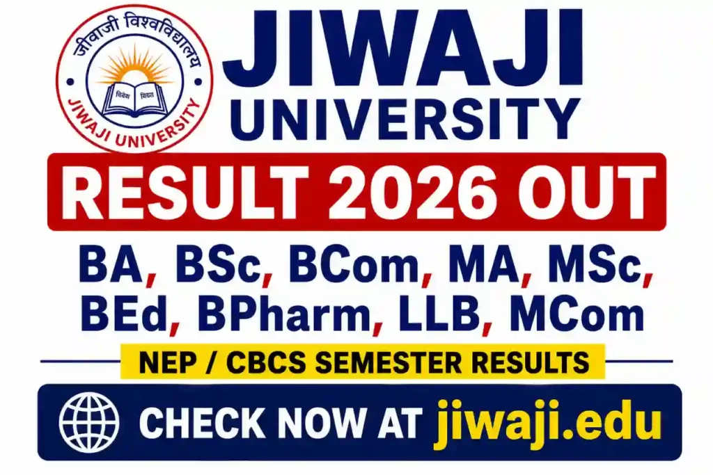 Jiwaji University Result 2026 OUT Gwalior BA BSc BCom MA MSc BEd BPharm MCom jiwaji.edu univindia.com