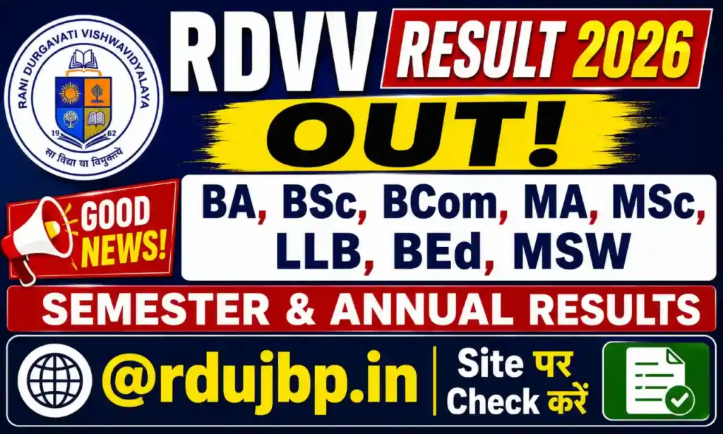 RDVV Result 2026 OUT Rani Durgavati Vishwavidyalaya Jabalpur BA BSc BCom MA MSc LLB rdujbp.in