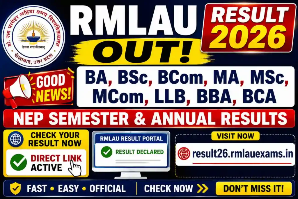 RMLAU Result 2026 OUT Dr Ram Manohar Lohia Avadh University BA BSc BCom MA MSc MCom result26.rmlauexams.in Ayodhya