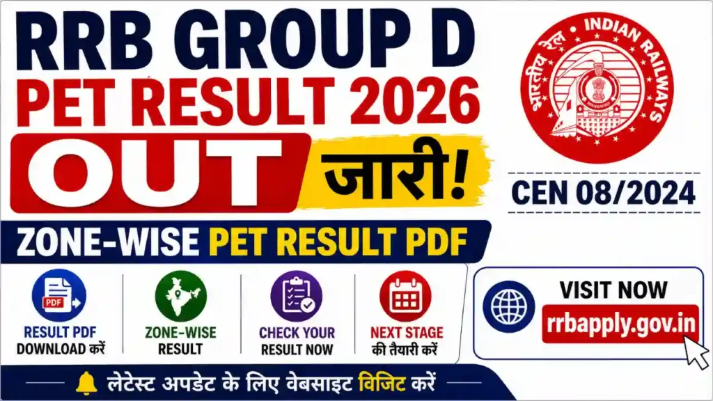 RRB Group D PET Result 2026 OUT 26 July Zone-wise PDF Download rrbapply.gov.in CEN 08/2024